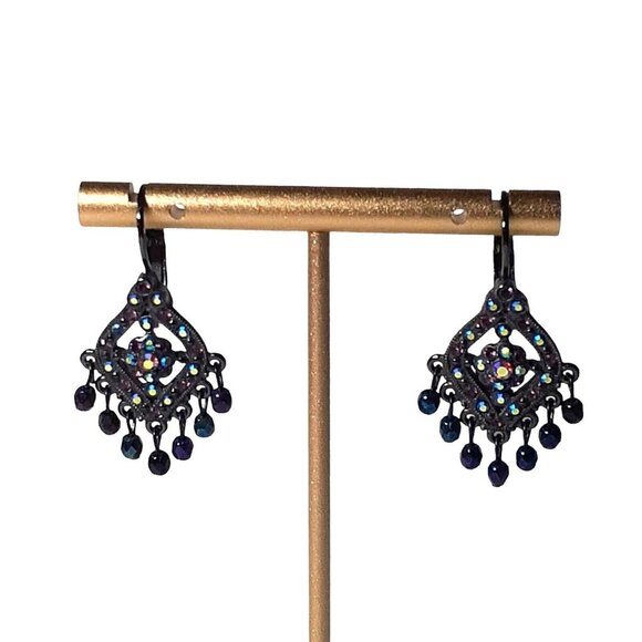 Vintage JOAN RIVERS Gunmetal Aurora Borealis Chandelier Pierced Earrings - Picture 2 of 12